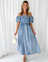 Off-Shoulder Balloon Sleeve Denim Dress