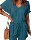 Full Size Drawstring V-Neck Short Sleeve Romper