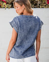 Pearl Trim Round Neck Cap Sleeve Denim Top