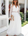 Scalloped Hem Flounce Sleeve Lace V-Neck Maxi Dress