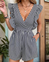 Perfee Ruffled Striped Surplice Cap Sleeve Romper