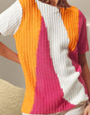 Color Block Round Neck Short Sleeve Knit Top