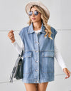 Pocketed Button Up Sleeveless Denim Jacket