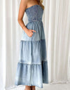 Slit Smocked Tube Tiered Denim Dress