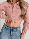 Raw Hem Button Up Cropped Denim Top