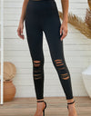 Double Take Wide Waistband Distressed Slim Fit Leggings