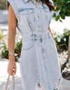 Distressed Half Button Cap Sleeve Denim Dress