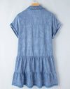 Raw Hem Collared Neck Short Sleeve Denim Dress