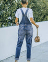 Pocketed Distressed Denim Overalls