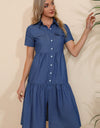 Short Sleeve Collared Button Down Denim Dress