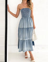 Slit Smocked Tube Tiered Denim Dress