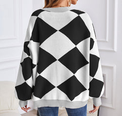 Geometric Lantern Sleeve Cardigan with Pockets