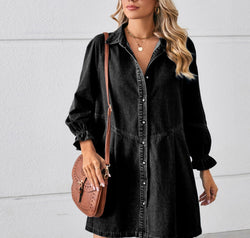 Button Up Flounce Sleeve Mini Denim Dress