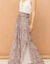 And The Why Printed Smocked Waist Slit Wide Leg Pants