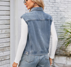 Button Up Cap Sleeve Denim Jacket