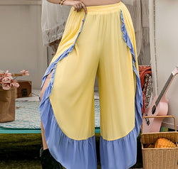 Plus Size Contrast Ruffled Wide Leg Pants