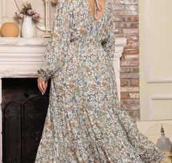 Plus Size Printed Balloon Sleeve Ruffle Hem Dress