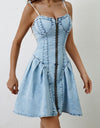 Ruched Zip Up Spaghetti Strap Denim Dress