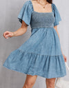 Smocked Square Neck Mini Denim Dress