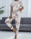 Shiny Tie-Dye Round Neck Short Sleeve Top and Pants Lounge Set