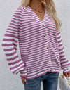 Striped V-Neck Button-Down Cardigan