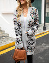 Pocketed Geometric Open Front Dropped Shoulder Cardigan