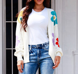 Flower Pattern Open Front Long Sleeve Cardigan