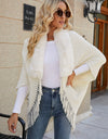 Fringe Detail Long Sleeve Ribbed Poncho