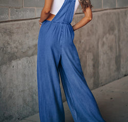 Distressed Wide Leg Denim Overalls