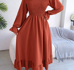 Smocked Square Neck Flounce Sleeve Dress