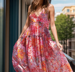 Tiered Printed V-Neck Sleeveless Dress