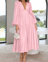 Deep V-Neck Balloon Sleeve Plain Maxi Dress