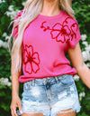 Crochet Flower Round Neck Cap Sleeve Sweater