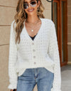 Openwork Flounce Sleeve Button-Up Fuzzy Cardigan