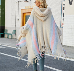Color Block Fringe Detail Poncho
