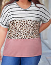 Plus Size Striped Leopard Round Neck Half Sleeve T-Shirt