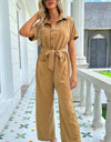 Shiny Tie Belt Buttoned Short Sleeve Collared Neck Jumpsuit