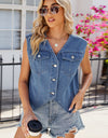 Pocketed Button Up Sleeveless Denim Jacket