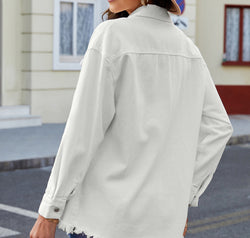 Button Up Pocketed Raw Hem Denim Jacket