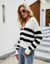 Striped Collared Neck Drop Shoulder Knit Top