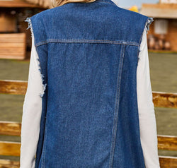 Sleeveless Button-Up Collared Denim Top with Pockets