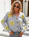 Smiley Face Ribbed Trim V-Neck Cardigan