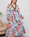 Plus Size Belted Surplice Flounce Sleeve Maxi Dress