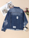 Plus Size Distressed Button Up Raw Hem Denim Jacket