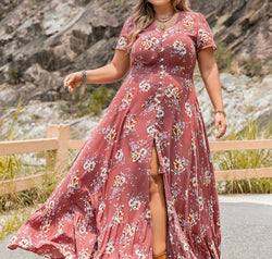 Plus Size Floral Slit Ruffle Hem Dress