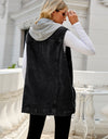 Drawstring Pocketed Button Up Sleeveless Denim Jacket