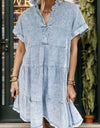 Raw Hem Notched Short Sleeve Denim Dress