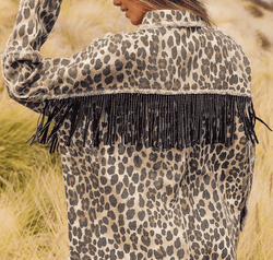 Leopard Fringe Detail Collared Neck Denim Jacket