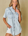 Slit Snap Down Short Sleeve Denim Top