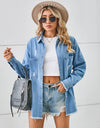 Distressed Raw Hem Dropped Shoulder Denim Jacket